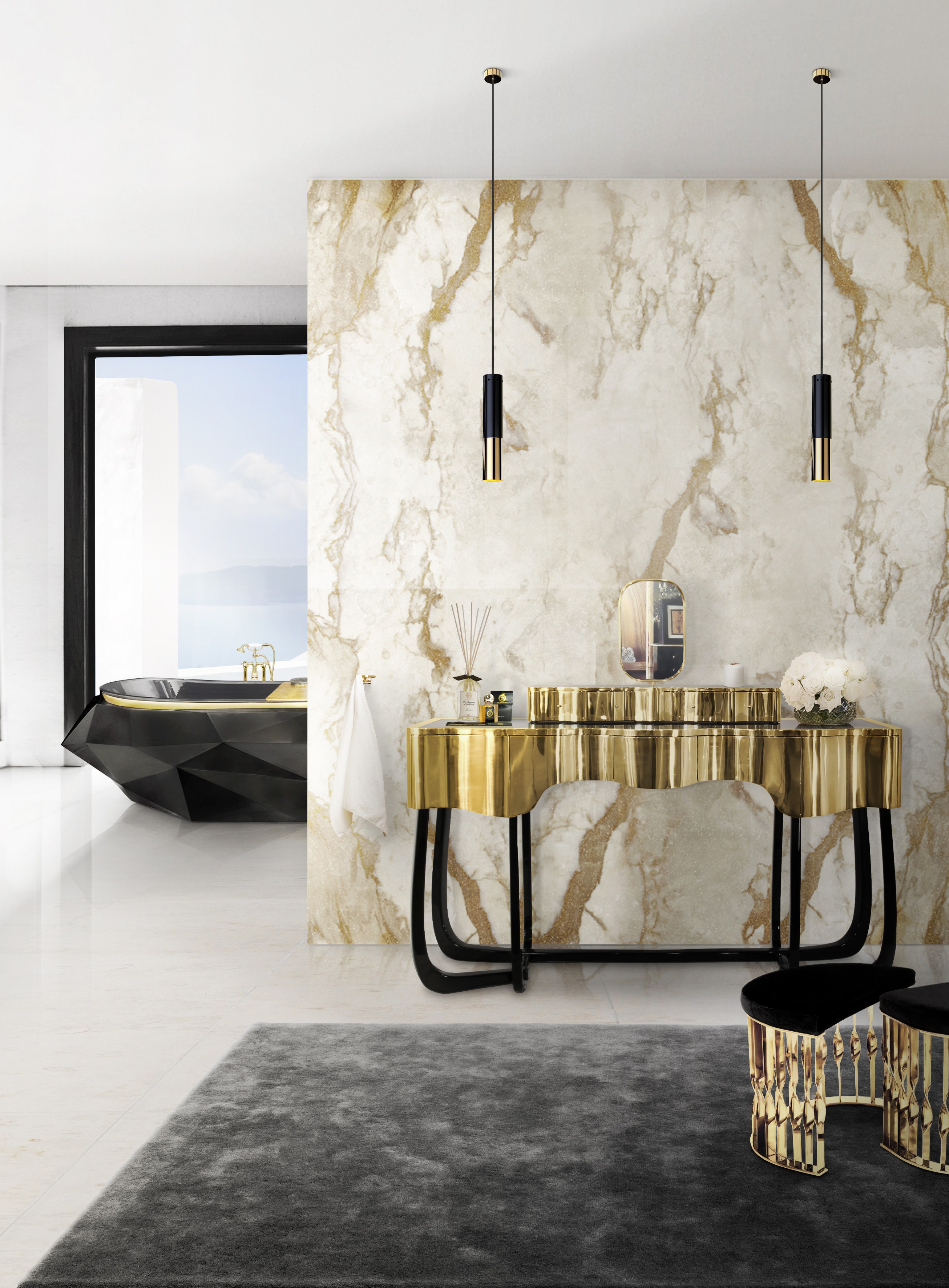 Introducing Glamorous Vanity Tables To Master Bedrooms vanity tables Introducing Glamorous Vanity Tables To Master Bedrooms a glorious bathroom with the sinuous dressing table mandy stool and the incredible diamond bathtub