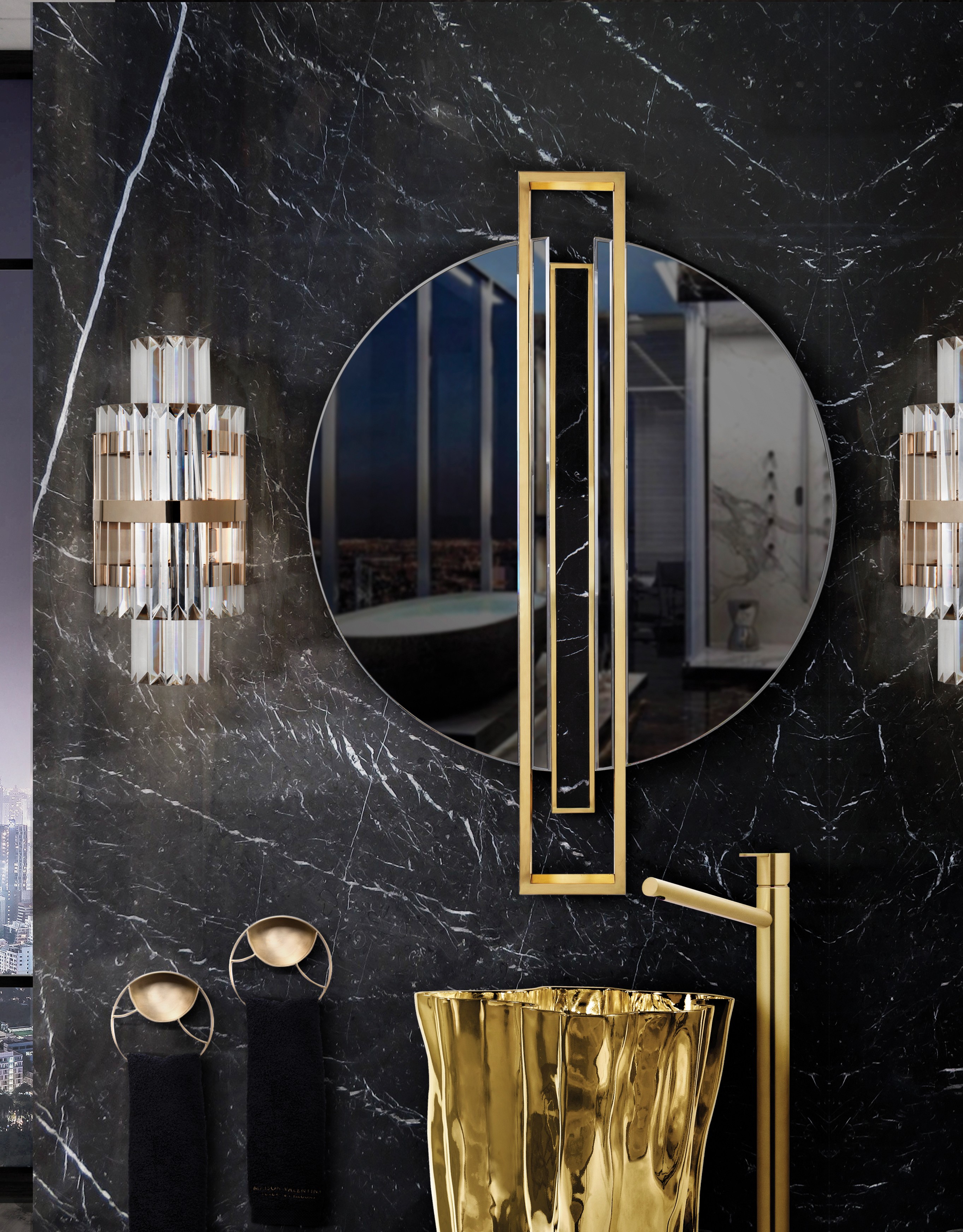 Mirror, Mirror On The Wall, Who Glows More From All? Mirror Mirror, Mirror On The Wall, Who Glows More From All? shield mirror takes central stage on dark guest bathroom