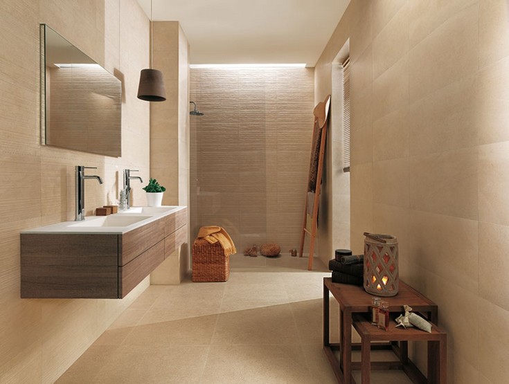 narrow-beige-bathroom-tile-paired-with-wooden-tables-also-vanity-and-wooden-nesting-table